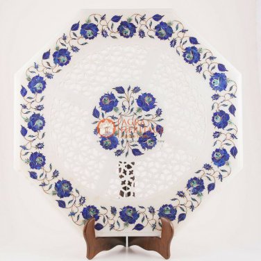 Marble White Coffee Top Table Lapis Stone Floral Filigree Design Corridor Decor