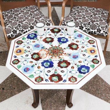 White Marble Restaurant Top Table Lapis Multi Stone Floral Maruqtery Home Decor