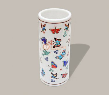 White Marble Flower Vase Handmade Butterfly Art Deco Stone Inlay Flowers Pot Art