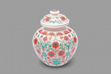 Marble Decorative Flower Vase With Lid Inlaid Carnelian Marquetry Finefloral Art