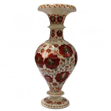 Marble White Handmade Flower Vintage Vase Carnelian Pietradura Fine Art Decor