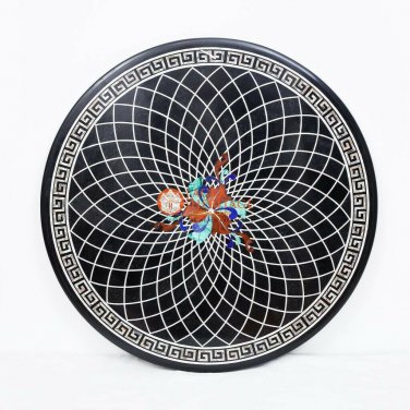 Black Marble Dining Top Table Mosaic Semi Precious Inlay Art Restaurant Decor