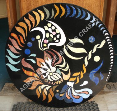 36" Black Dining Table With Marble Top Marquetry Inlay Arts Decor Hallway E367
