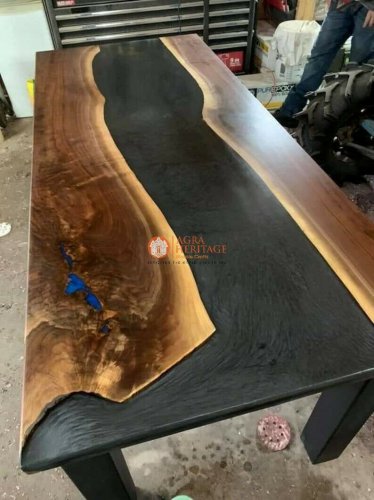 Rectangle Epoxy Black Resin Table Walnut Live Edge Handmade Design Patio Decor