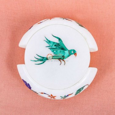 Handmade Marble Personalize Coaster Set Inlaid Multi Stone Parrot Design Decor