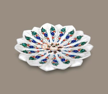 Marble Fruit Storage Bowl Lapis Inlay Marquetry Floral Design Kitchen Decor Arts