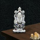 12" White Marble Ganesh Ji Statue Multi Inlay Floral Art Good Luck Gift E1348