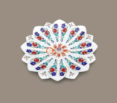 White Marble Designer Flower Fruit Bowl Semi Precious Handcrafted Kitchen Decor
