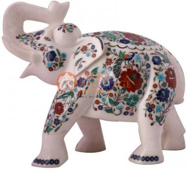 8" Marble Wild Elephant Lapis Peacock Inlay Design Art Thanksgiving Gift Special