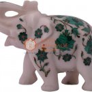 4" Marvulesh White Elephant Sculpture Malachite Inlaid Floral Art Columbus Gifts