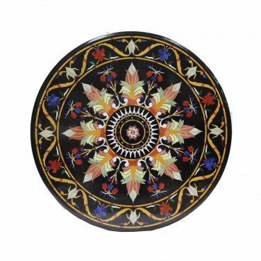 36" Black Marble Top Dining Hallway Table Top Floral Marquetry Inlay Home Decor