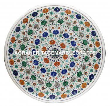 36" White Marble Dining Room Table Malachite Inlaid Mosaic Kitchen Decor H2947
