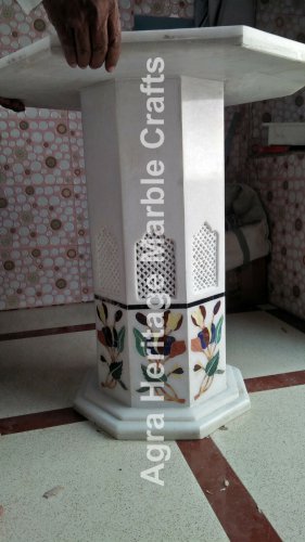 24"x15" White Marble Table Stand Lattice Floral Inlay Design Hallway Decor E565