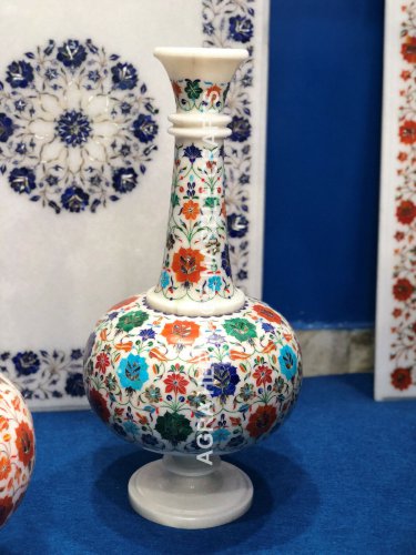 18" White Marble Decorative Multi Flower Vase Marquetry Inlay Decorative E189