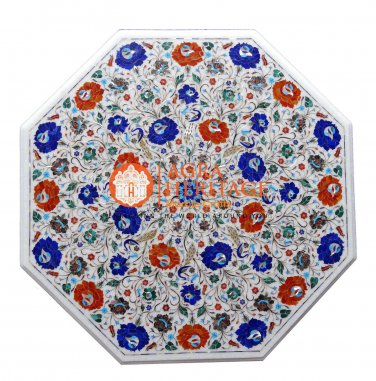 32" Marble Coffee Table Top Multi Inlay Stone Floral Peacock Art Home Decor H030