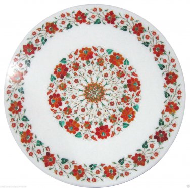 24" White Marble Coffee Table Top Carnelian Malachite Inlay Home Kitchen Decor