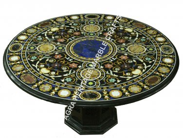 36" Black Marble Dining Elegant Table Top With Stand Pietra Dura Inlay Art H3449