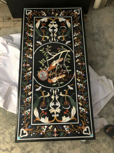 52"x26" Black Marble Coffee Table Top Pietradura Marquetry Inlay
