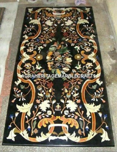 Black Marble Dining Center Table Top Rare Inlaid Mosaic Art