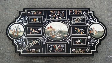 5'x3' Marble Dining Center Table With Black Top Floral Bird Inlaid Design E832A