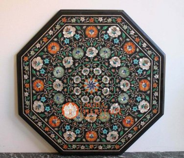26" Black Marble Decorative Coffee Table Top Semi Precious Inlay Stone Art E1680