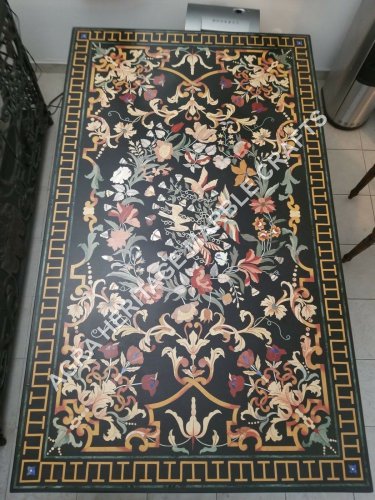 Black Marble Center Conference Table Top Marquetry Fine Floral Inlay Decor E542