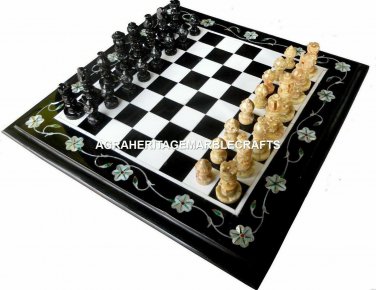 18" Chess Marble Table Marquetry Inlay Floral Art Living Room Decor Gift H4465A