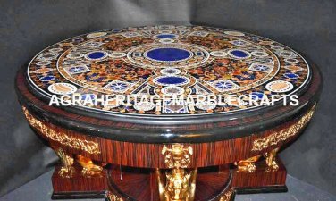 Exclusive Marble Round 48" Dining Table Top Pietra Dura Lapis Inlay Decor E600