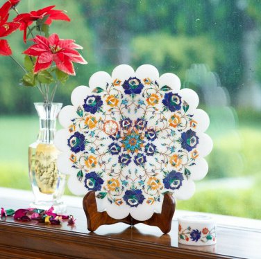 Marble Handmade White Dish Food Plate Lapis Inlaid Marquetry Floral Arts Decor