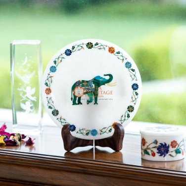 Semi Precious Stone Inlay Work Collectible Plate Food Plate Elegant Elephant Art