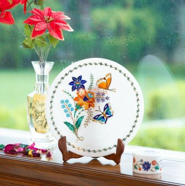 Indian Ancient Crafts Business Gift Plate Inlaid with Multi Color Stones Decor