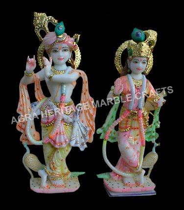 18" Gorgeous Marble Lord Radha Krishna Statue Rajasthani Hand Painted Arts E736