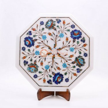 13"x13" Marble White Coffee Top Table Lapis Inlaid Stone Floral Art Home Decor