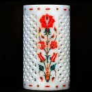 White Marble Pen Organizer Carnelian Marquetry Floral Design Handmade Gifts Her