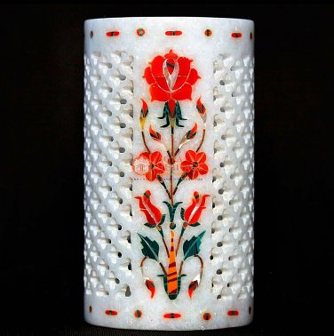 White Marble Pen Organizer Carnelian Marquetry Floral Design Handmade Gifts Her