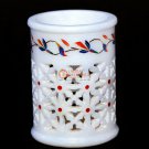 White Marble Pen Holder Lattice Lapiz Inlaid Design Handmade Gifts For Him New