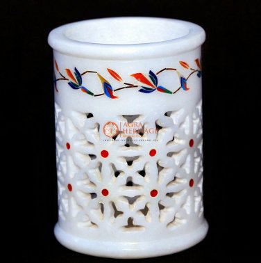 White Marble Pen Holder Lattice Lapiz Inlaid Design Handmade Gifts For Him New