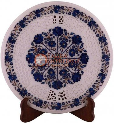 16" Marble Round Table Top Lapis Pietradura Floral Gemstone Art Columbus Gifts