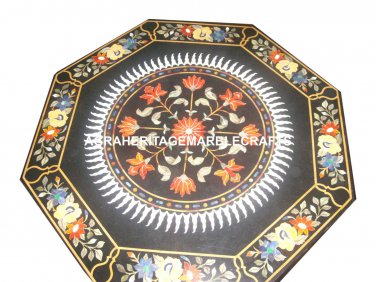 Black Marble Dining Table Top Pietradure Gems Inlaid Work Marquetry Decor H3070