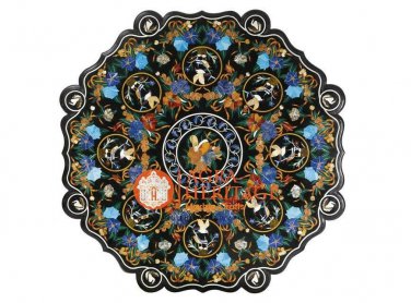 Black Marble Octagonal Dining Table Top Lapis Turquoise Floral Furniture E1589