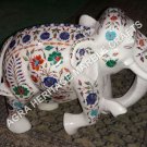 15" White Marble Elephant Stone Statue Multi Marquetry Floral Inlay Decor H3470