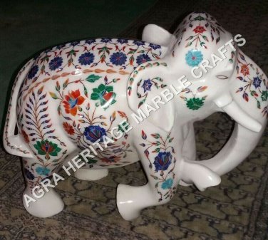 15" White Marble Elephant Stone Statue Multi Marquetry Floral Inlay Decor H3470
