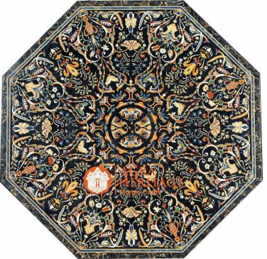 62" Black Marble Dining Table Top Pietradura Semi Precious Inlay Stone Art E1683
