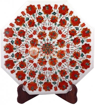 18"x18" Marble White Corridor Table Top Carnelian Marquetry Floral Garden Decor