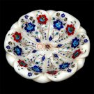 White Marble Fruit Organizer Bowl Lapis Inlaid Semi Precious Marquetry Art Decor