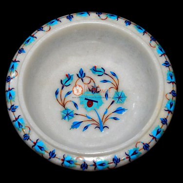 White Marble Handmade Fruit Storage Bowl Pietradura Turquoise Floral Inlaid Arts