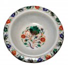 White Marble Fruit Designer Bowl Malachite Inlaid semi Precious Floral Art Decor