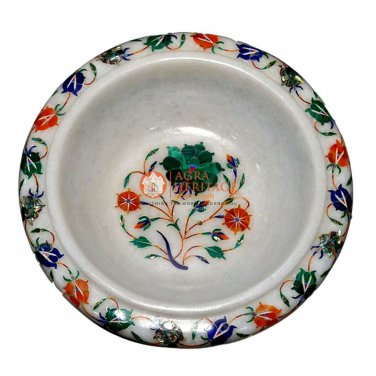 White Marble Fruit Designer Bowl Malachite Inlaid semi Precious Floral Art Decor