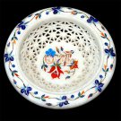 White Marble Fruit Storage Bowl Inlaid Carnelian Marquetry Floral Design Decor