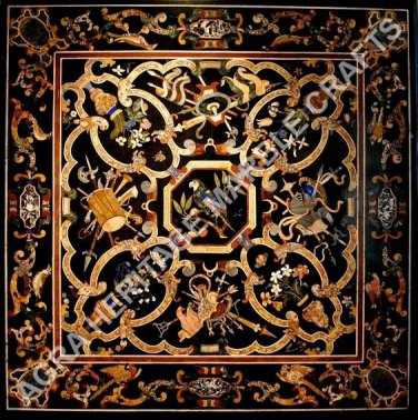 48" Collectible Marble Dining Table Black Top Inlay Marquetry Elegant Arts H5144